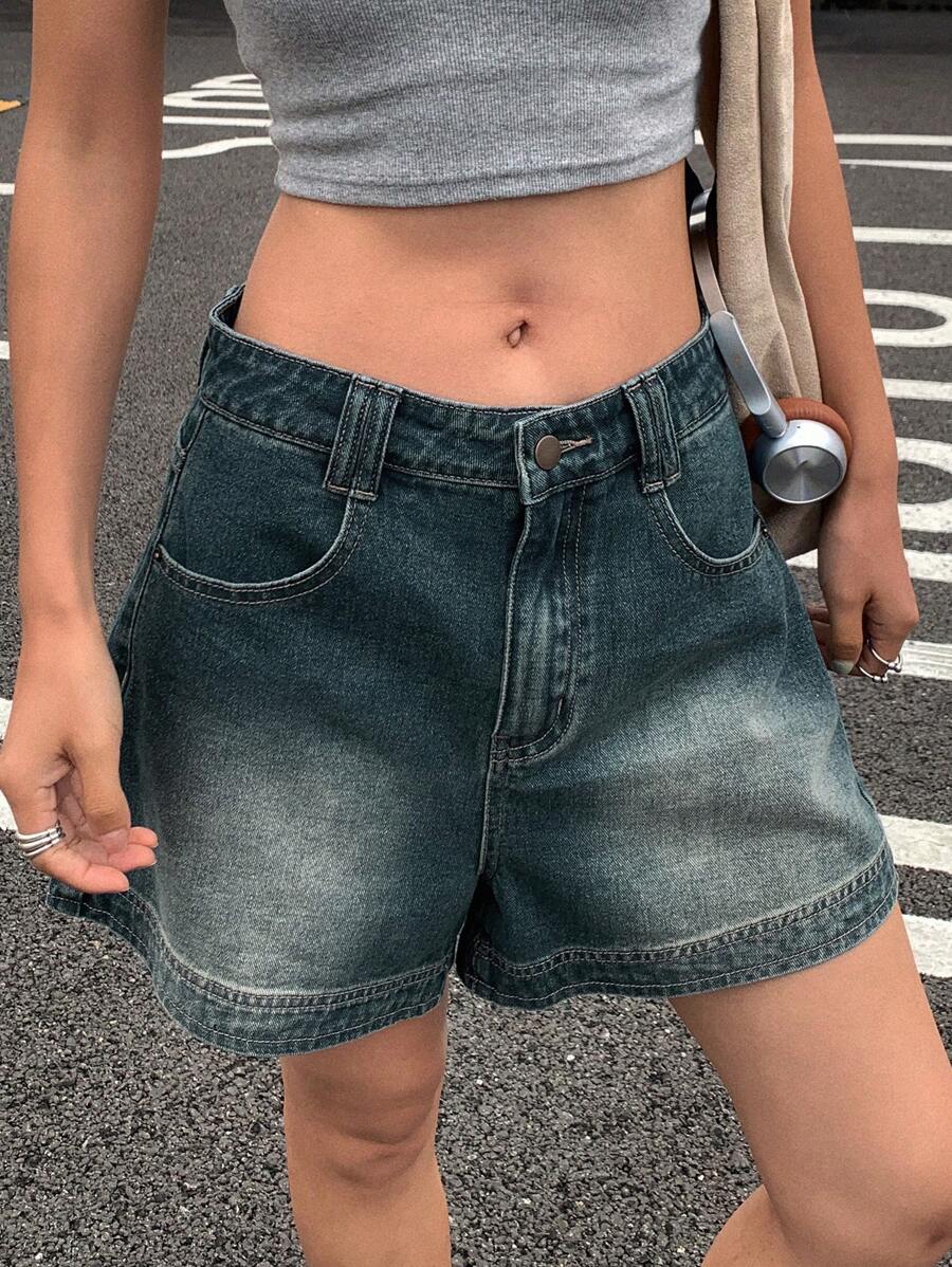 DAZY 女式高腰复古水洗色牛仔短裤,夏季 - 藍色 - 查看 1