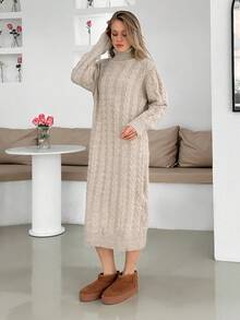 Womens Winter Dress Solid Color Cable Knit Pattern Turtleneck Long Sweater Dress Beige Sweater Dress Cable Knit Sweater Dress Midi Sweater Dress Turtleneck Sweater Dress