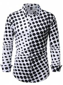 Manfinity Homme Men's Polka Dot Turndown Collar Casual Printed Button-Up Long Sleeve Shirt