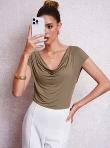Lavishia Women's Solid Color Batwing Short Sleeve Loose Casual T-Shirt, Summer - Mocha Brown - View 4
