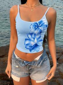 SHEIN EZwear Retro Style Vacation Tropical Cream Blue Floral Placement Print Sexy Racerback Tank Top, Suitable For Summer Suitable For Going Out