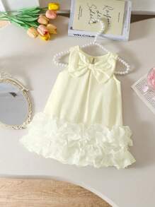 Baby/Baby Girl Spring/Summer Elegant Bowknot Decor Mesh Ruffle Hem Sleeveless Dress - Apricot - View 5
