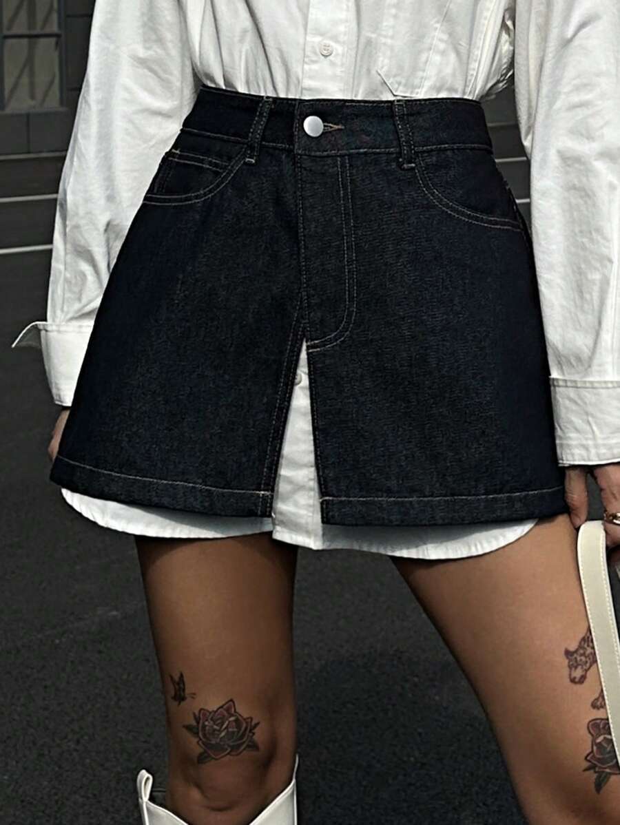 DAZY 女士牛仔裙，侧开衩，裹身设计牛仔裙 - 深色水洗藍 - 查看 1