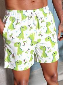 Manfinity Swimmode Pantalones cortos de playa con estampado de dinosaurio para hombres, estilo de vacaciones y playa
