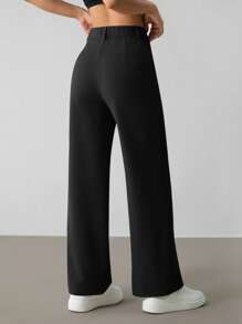 SHEIN PETITE Damen Lässig Minimalistische einfarbige Loose Straight-Leg Hose mit Reißverschluss, für den täglichen Gebrauch