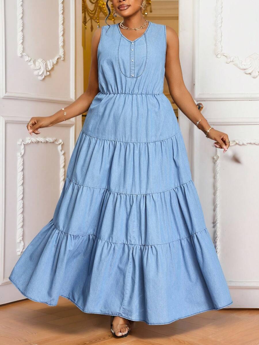 SHEIN Lady 大码蓝色牛仔无袖宽松休闲连衣裙 - 中等水洗藍 - 查看 1