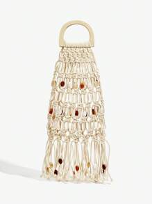 SHEIN SXY 女士单肩包、流浪包、钩针包、流苏、亚克力彩色石珠、时尚、优雅、简约、个性化、多功能、适合海滩、度假、节日、夏季、海边、日常、下午茶、海滩派对 - 米色 - 查看 1