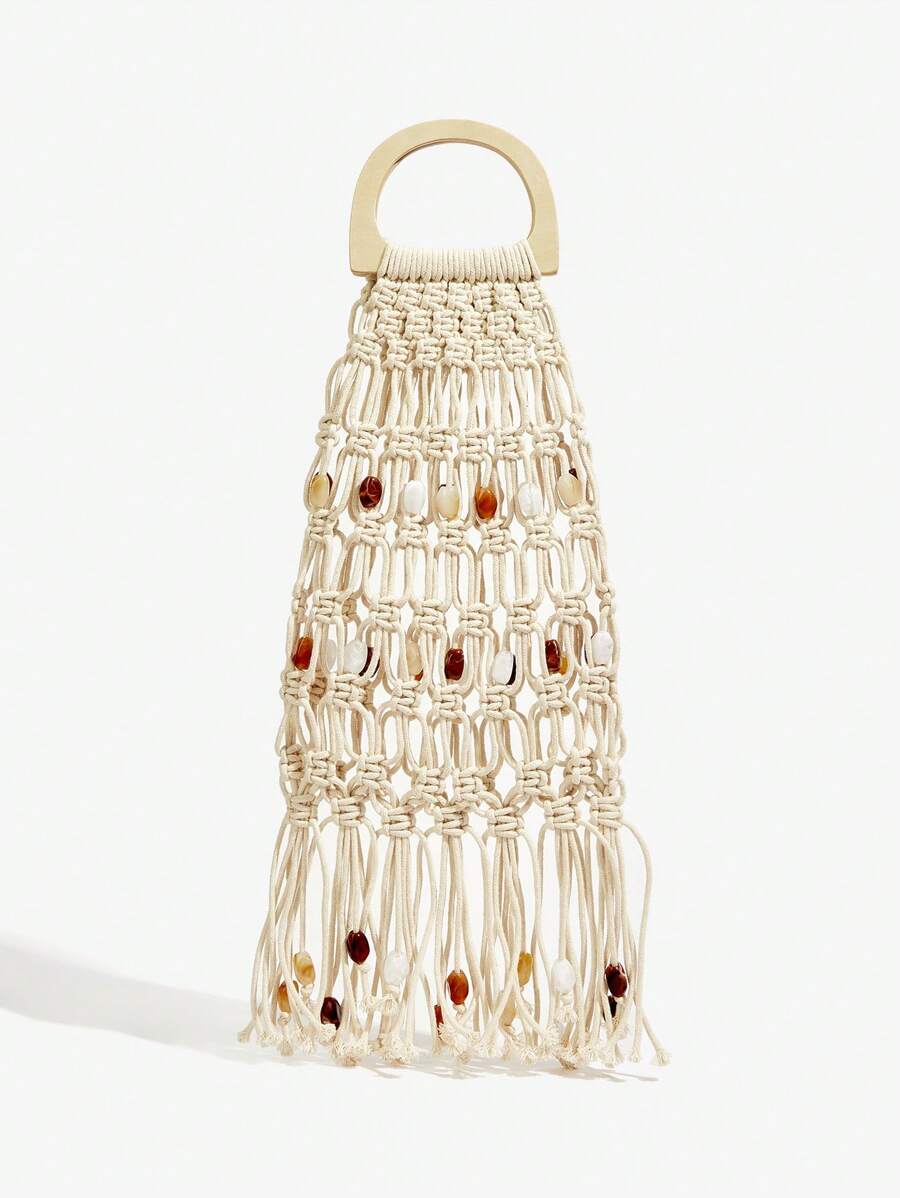 SHEIN SXY 女士单肩包、流浪包、钩针包、流苏、亚克力彩色石珠、时尚、优雅、简约、个性化、多功能、适合海滩、度假、节日、夏季、海边、日常、下午茶、海滩派对 - 米色 - 查看 1