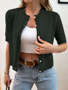 EURMUSE Gold Button Short Sleeve Elegant Cardigan - Dark Green - View 3