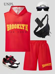 SHEIN Conjunto informal de niño preadolescente con sudadera con capucha, chaleco y pantalones cortos con estampado de letras, adecuado para deportes, reuniones, escuela y compras