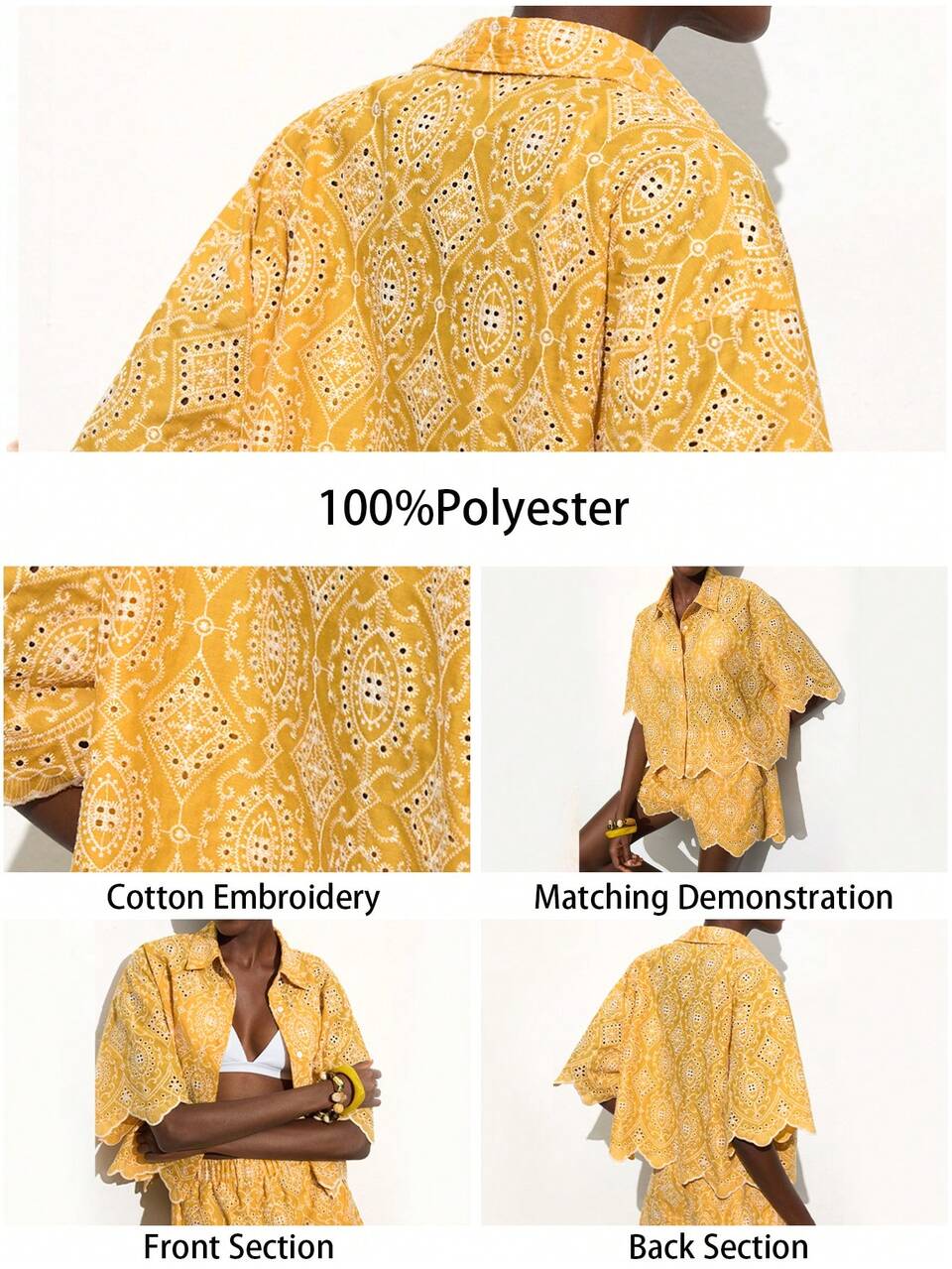 SHEIN Maija Women's Mustard Yellow & White Embroidered Floral Loose Shirt,Short Sleeve Button Down Blouse,Boho Summer Holiday Tea Party Resort Style Clothing