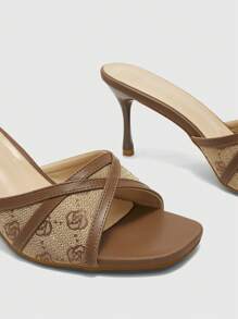 CUCCOO CURVES Women's Fashion Square Toe Small Daisy Canvas Slip-On High Heel Party Sandals, Simple Style, Wide Fit