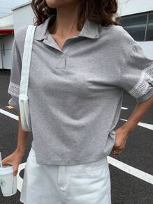 DAZY Women's Summer Hollow-Out Patchwork POLO Collar Casual Short Sleeve T-Shirt - Grey - View 3