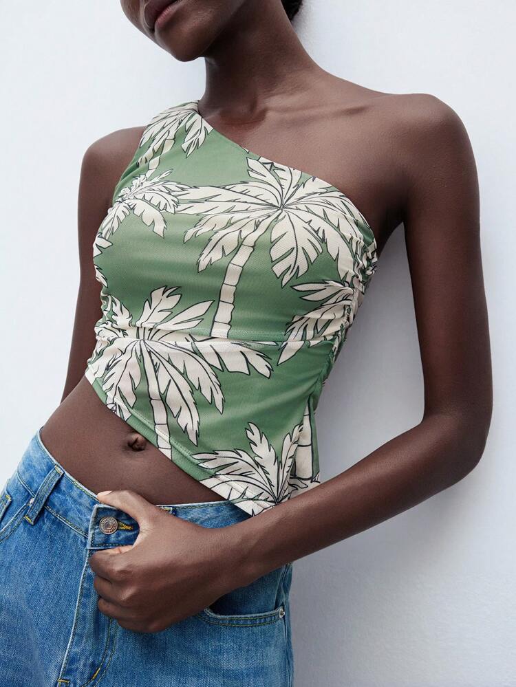 SHEIN Maija 2025 Summer New Sage Green Tropical Rainforest Coconut Tree Print Asymmetrical Cutout Asymmetric Collar Design Casual Sleeveless Top For Women, Fashionable Urban Elegant Romantic Versatile Suitable For Business, Party, Beach, Wedding Guest, Brunch, Independence Day