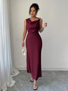 Elenzga Damen elegantes lang geschnittenes Kleid mit verdecktem Kragen, einfarbig und figurbetont