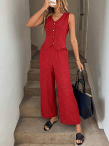 Easowa 2 件套女士蓝色背心马甲和长裤（带口袋）套装，春夏