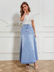 SHEIN Essnce 女式长款休闲百搭牛仔A字裙，带口袋 - 淺色水洗藍 - 查看 6