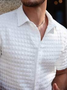 Manfinity RelaxMax Men's Solid Color Short Sleeve Single-Breasted Casual Shirt & Shorts Set, Summer - White - View 4