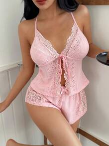 Lace Trim Romantic Sexy Women's Pajama Set - Pink - View 1