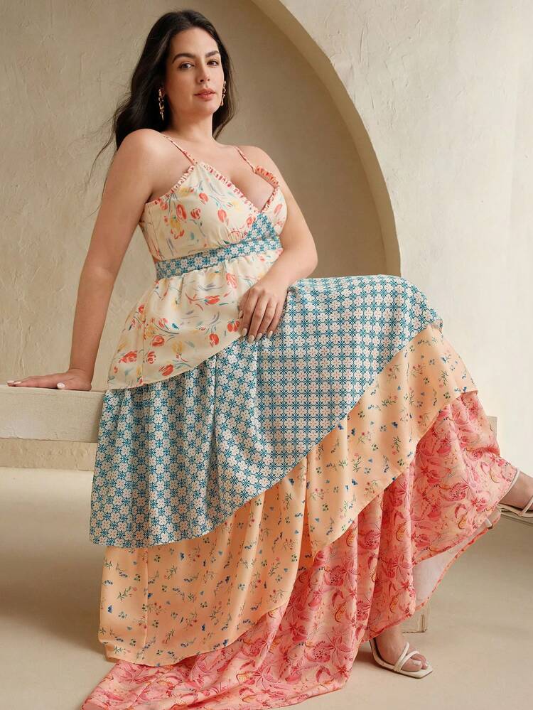 Women's Summer Floral Print Patchwork Painting Style Long Exclusive Vintage Ruffled Hem Sleeveless Dress