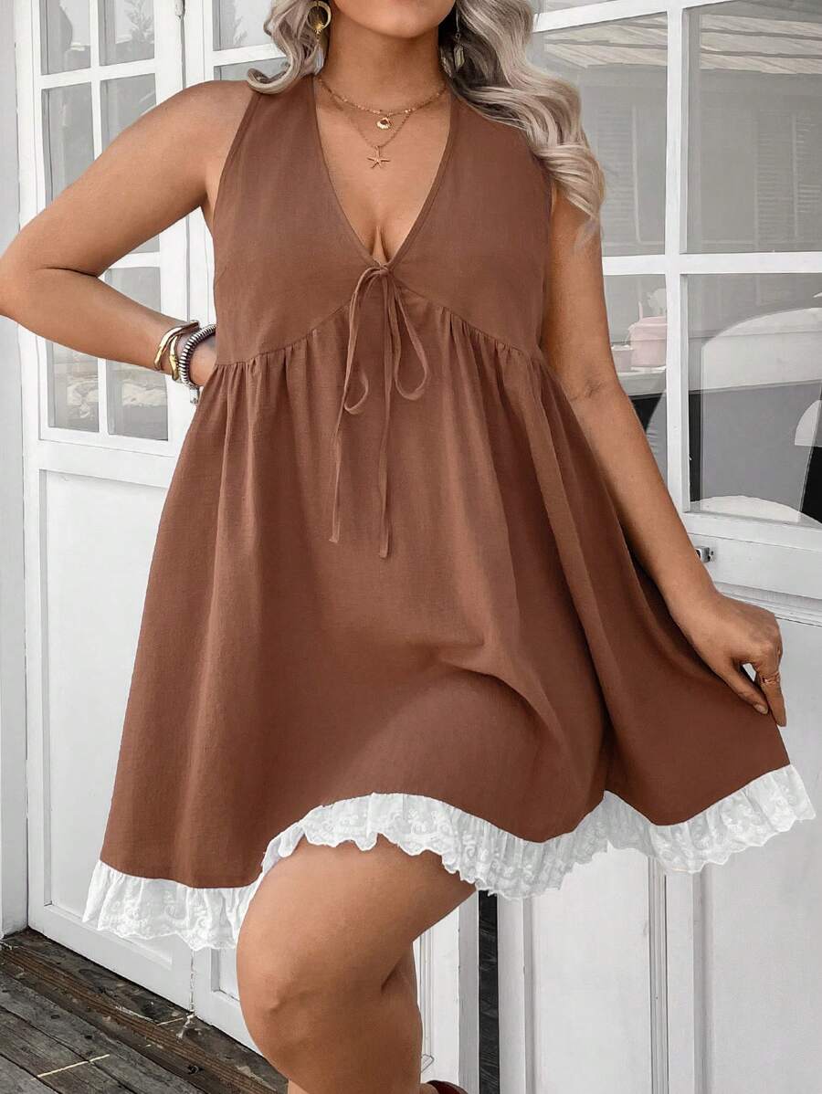 SHEIN LUNE Váy mùa hè đơn giản không tay buộc dây phía trước cỡ lớn cho nữ Váy ngắn mùa hè cho nữ Váy chống nắng cho nữ cỡ lớn Quần áo mùa hè cho nữ Quần áo mùa hè cho nữ Bộ đồ mùa hè cho nữ Trang phục ngày lễ Saint John Trang phục cao bồi Trang phục mùa hè, Váy mùa hè cho nữ - màu nâu - Xem 1