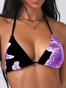 Swim EVENT Women's Summer Floral Print Halter Bikini Top, Vacation Beach Style - Purple - View 3