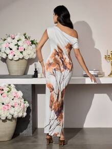 Modelyn 女士长款斜肩花卉印花修身优雅针织连衣裙，春夏 - 彩色 - 查看 2