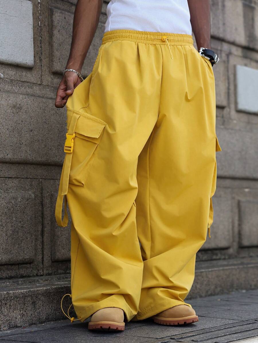 PAVTROS Manfinity Streetrush 男士纯色松紧腰抽绳休闲工装裤,夏季宽松款式,适合返校季和秋季 - 黃色 - 查看 1