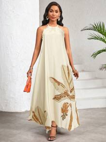 SHEIN Lady 女士度假印花连衣裙优雅休闲挂脖长裙 - 卡其色 - 查看 3