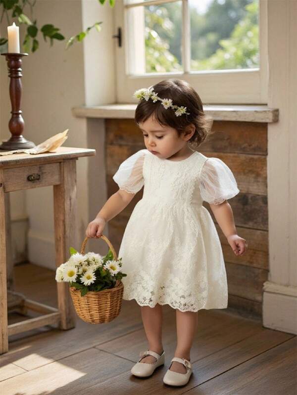SHEIN Vintaside Kids Baby Girls Infant Elegant Vintage Lace Tulle Puff Sleeve Party Dress Princess Gown Birthday Outfit, Spring/Summer