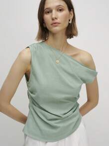 Airaco Damen Sommer Bluse mit asymmetrischem Ausschnitt, plissiert, Einfarbig, Lässig - Grün - Übersicht 1