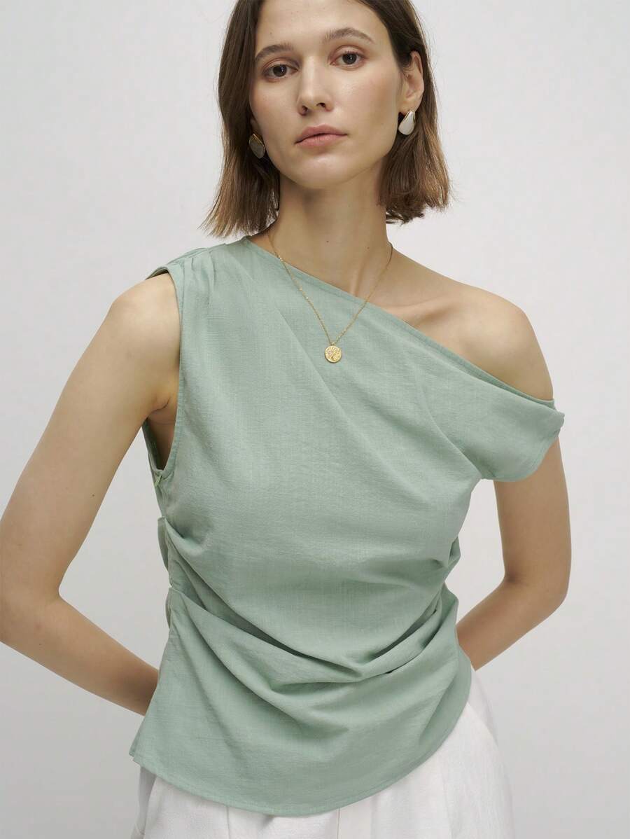 Airaco Damen Sommer Bluse mit asymmetrischem Ausschnitt, plissiert, Einfarbig, Lässig - Grün - Übersicht 1