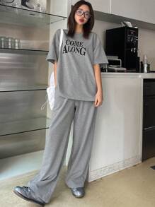 DAZY 2pcs/Set Women Letter Print T-Shirt & Sweatpants - Grey - View 7