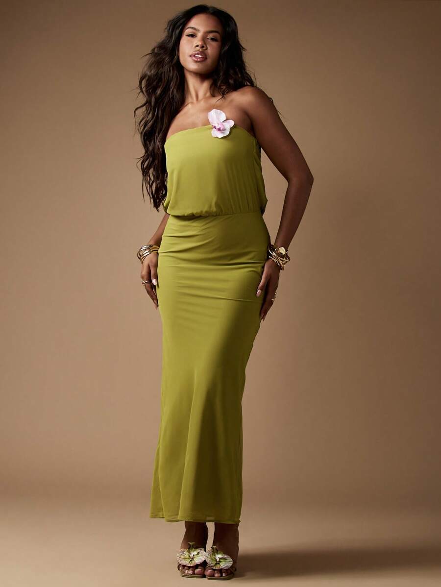 MISSGUIDED 雪纺抹胸长裙露肩高腰兰花细节夏季婚礼宾客及地正式活动度假装 - 軍綠色 - 查看 1