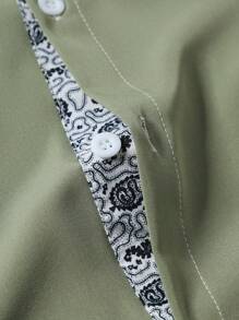 Manfinity Homme Kemeja Pria Lengan Pendek Warna Hijau Motif Patchwork Kasual Musim Panas, Kemeja Bagus, Cocok untuk Pantai - Khaki - View 7