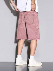 Manfinity EMRG Men's Loose Fit Distressed Five-Pointed Star Pocket Denim Shorts Pink Denim Shorts