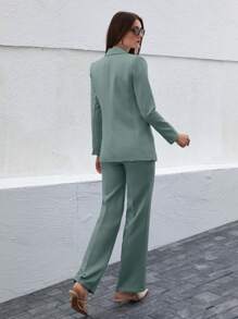 EURMUSE Women's Solid Color Lapel Shoulder Long Sleeve Gray-Green Double-Breasted Suit Set - Mint Green - View 2