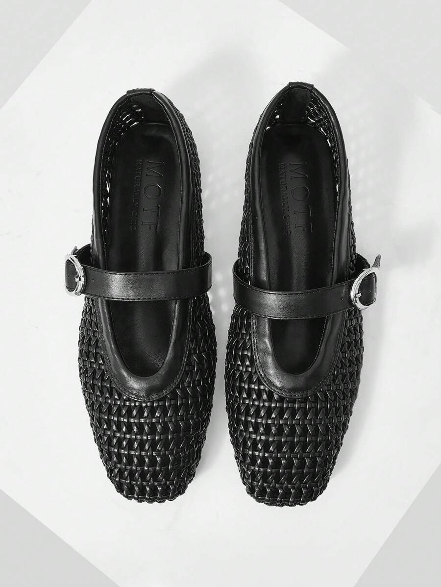 MOTF 方头编织芭蕾平底鞋 玛丽珍鞋 - 黑色 - 查看 1