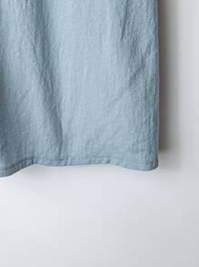 Linhara Áo cánh tay ngắn thêu cổ khoét sâu màu trơn thường ngày cho nữ cỡ lớn - Màu xanh lam - Xem 5