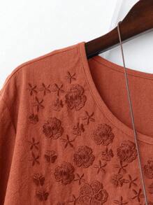 Linhara Women Plus Size Plain Linen-Like Round Neck Embroidery 3/4 Sleeve Casual Blouse - Rust Brown - View 4