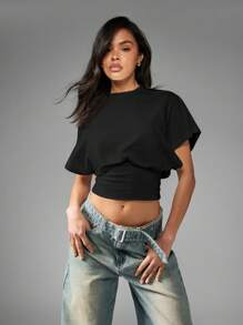 MISSGUIDED 紧身胸衣后背短袖短款上衣衬衫褶皱腰弹性休闲夏季 T 恤 - 黑色 - 查看 5