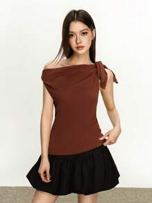 Rina Fox 美式复古性感淑女纯色不对称领口褶饰修身衬衫