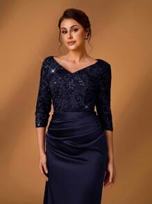 Serin Váy đuôi cá mini xếp nếp cổ chữ V bằng vải satin thêu sequin sang trọng thanh lịch, phù hợp cho các bữa tiệc trang trọng, hẹn hò, kỳ nghỉ, dạ hội, đám cưới, váy cưới trang trọng cho mẹ cô dâu - Màu xanh hải quân - Xem 6