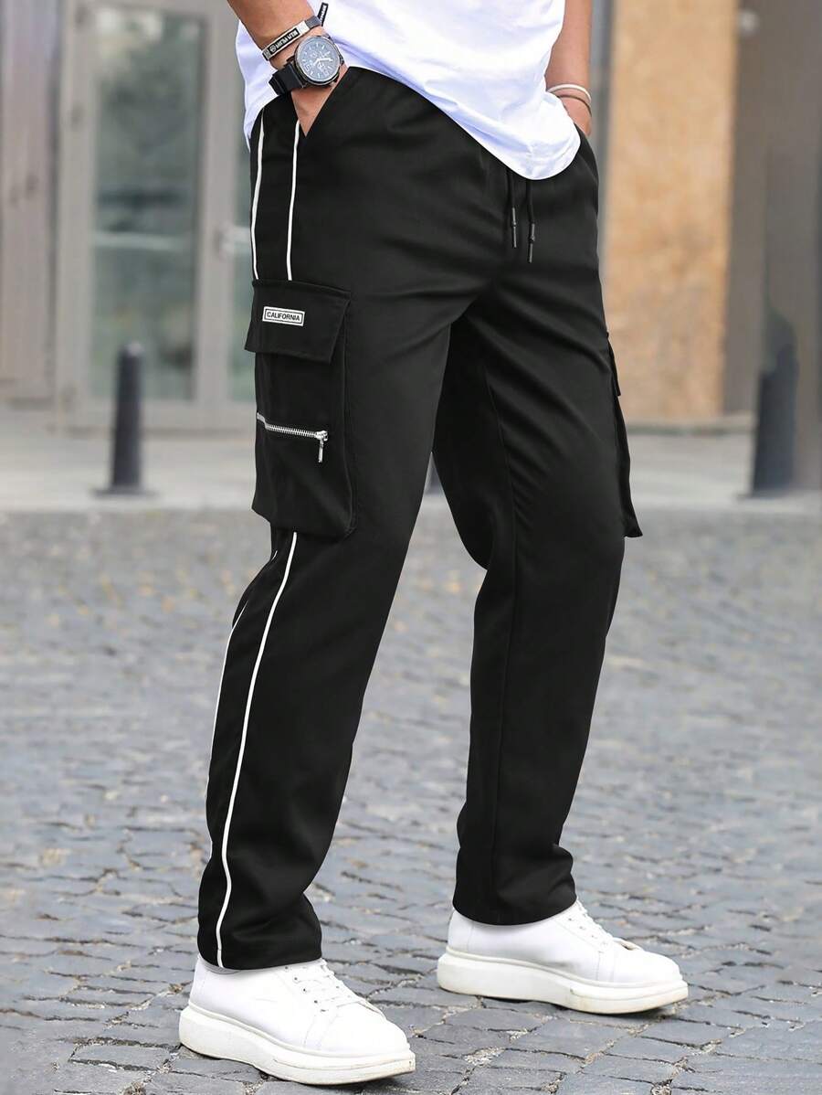 Manfinity Homme Quần Cargo cạp rút dây viền tương phản cho nam Quần nam dạo phố Quần nam dạo phố - màu đen - Xem 1