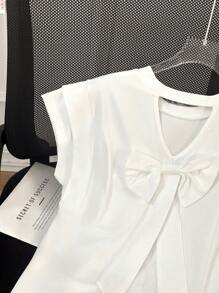 GlowEve 女式休闲纯色蝴蝶结装饰锁孔领 T 恤，夏季 - 白色 - 查看 3