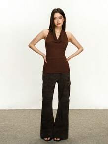 Rina Fox Women's Summer New Sexy Backless Draped Neck Spaghetti Strap Design Camisole Top - Brown - View 2