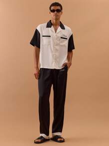Musero Satin Two Tone Slogan Pocket Detail Button Up Shirt Spring, Summer, Holiday, Vacation - Black and White - View 5