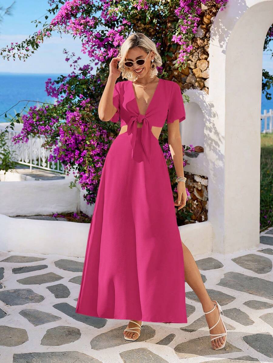 Vivid Eden 夏季海滩系带深 V 领镂空腰部开衩下摆长裙 - 玫紅色 - 查看 1