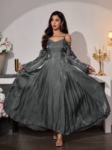 Modelyn 女式优雅长裙，搭配闪亮丝带领带设计、细肩带和喇叭形下摆