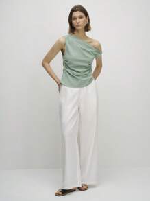 Airaco Damen Sommer Bluse mit asymmetrischem Ausschnitt, plissiert, Einfarbig, Lässig - Grün - Übersicht 3